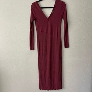 Topshop Ribbed Maroon Bodycon Lettuce Hem Long Sleeve Fall V neck Midi Dress 8